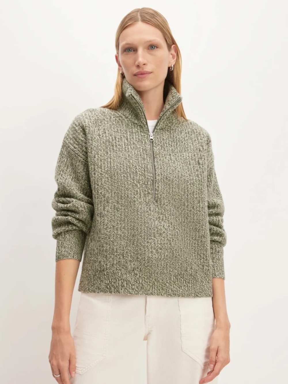 Everlane 100% Luxe Merino 1/2 zip Sweater in Olive Green, size xsmall